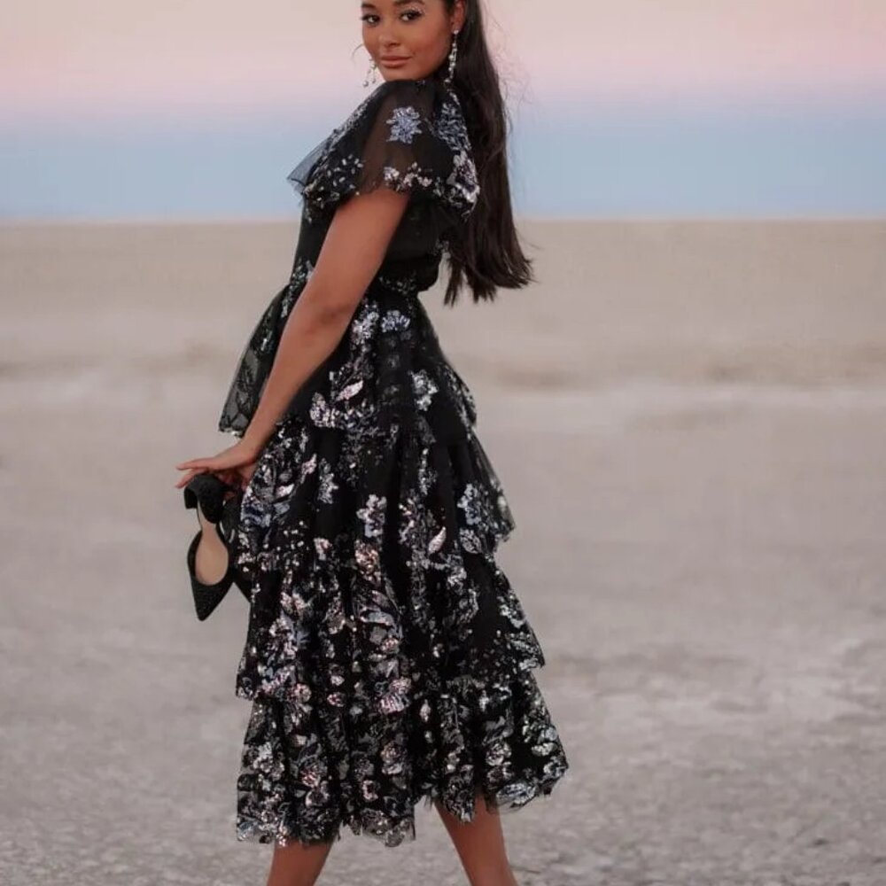 JessaKae Selena Dress - Size 1XL - Black Silver Shimmer Midi